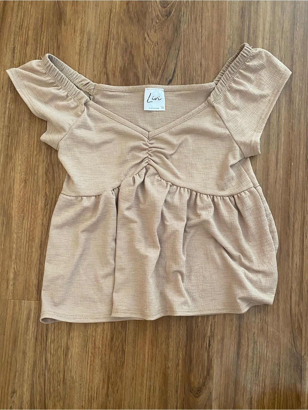 Olivia Rae Taupe Ruched V-Neck Peplum Top
